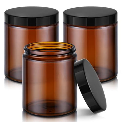 Tecohouse 8oz Amber Glass Jars with Lids, 3 Pack Candle Jars with Blank Labels, 250g Wide Mouth | Lotion Container for Sample, Cream, Lotion, Honey, Powder, Jelly | Home & Beauty - color: Amber-Black Lids