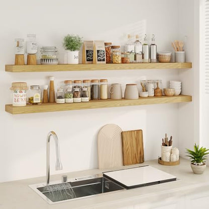 Fun Memories 66 Inch Fireplace Mantel - Long Floating Shelf, Wall Mounted Farmhouse Display with Invisible Heavy Duty Metal Bracket, Oak, 2 Pack - color: Oak, size: 67"W x 6.5"D