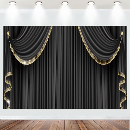 Fabric 8x6ft Black Curtain Backdrop for Photography Luxury Theater Stage Golden Tassel Curtain Background VIP Events Graduation Prom Wedding Ceremony Photo Shoot Decor Props - size: 8x6ft(WxH)