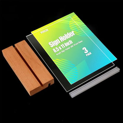 KOOLDE 3 Pack 8.5x11 Acrylic Sign Holder with Wood Base, L/T Shape Vertical & Slant Back Double Display Stand, Clear Table Menu Holders for Wedding, Restaurant, Office, Home & Hotel Decor - size: 8.5x11