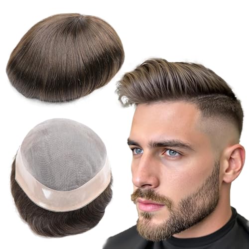 Hair Replacement System for Men Toupee for Men Dark Brown 8x10 Inch Color 2# Human Hair Mono Lace Undetectable Mens Hair Prosthesis for Thinning Natural Hairline Durable Mens Hairpiece - color: 2# dark brown - Mono NPU, size: 8x10 Inch