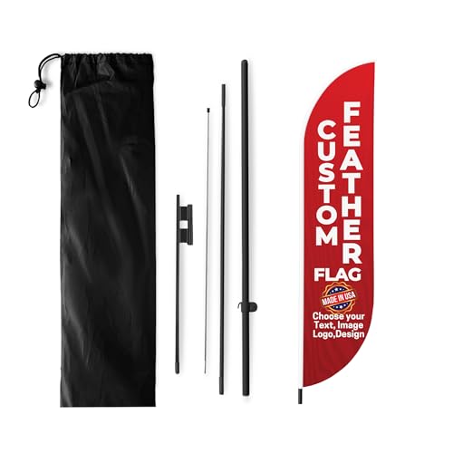 Custom Feather Flag by BCB Print, Personalized Swooper Flag with Photo, Text or Logo, 11.5x2.5 FT Single-Sided HD Print, Optional Add-On 15 FT Pole Kit & Ground Spike, Made in USA, Fast Delivery - color: Feather Flag +/– Ground Spike Kit