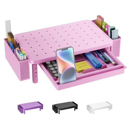 WALI Computer Monitor Stand with Storage, Desk Organizer with Drawer and Pen Holder, Desk Monitor Riser 3 Height Adjustable, Laptop Riser for Computer, Laptop, Printer (PTT003-P), 1 Pack, Pink - color: Pink, size: 14.6" * 9.3" with Drawer and Pen Holder