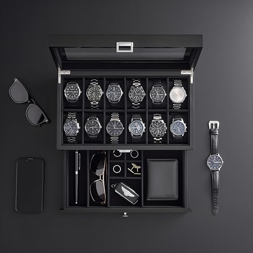 ProCase Wooden Watch Case, 12 Slot Mens Watch Box with Drawer, 2-Layer Mens Jewelry Box Storage Holder Organizer Display Case, Anniversary Birthday Gifts for Men Women -12 Slot, Black - color: Black, size: 12-Slot