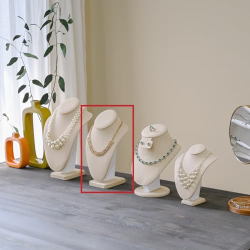 MOOCA 2 Pcs Linen Covered Wood Jewelry Display Necklace Chain Jewelry Bust Display Holder Stand, Necklaces Mannequin, 6 3/8 W x 4 1/4 D x 10 H in, Tan Linen - color: 6) Tan Linen, 2 pieces