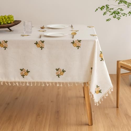 Floral Linen Table Cloth for 6 Foot Rectangle Table Olive Green Flower Pattern Embroidered Tablecloth Cream Colored Fabric Neutral Farmhouse Thick Faux Burlap Tablecloth for Dining Buffet 60 x 102 - color: Olive Green Embroidered Floral Pattern, size: 102