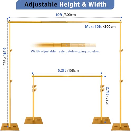 HYJ-INC Pipe and Drape Photography Backdrop Stand Kit - Titanium Gold Adjustable Photo Background Stand 10ft x 6.5ft with Metal Base for Parties Weddings Birthday Party Events Photo Booth