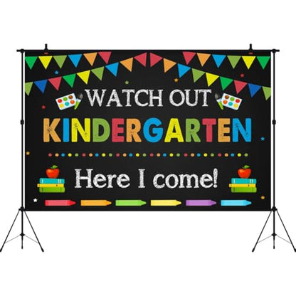 Kindergarten Graduation Backdrop 6x4ft Back to School Banner Watch Out Here I Come First Day of School Preschool Kids Classroom Party Decoration Supplies Banner Photo Booth Studio Prop - size: 5x3