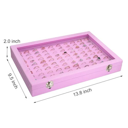 Siveit Velvet Ring Display Tray Organizer Box with Transparent Lid, 100 Slot Ring Holder Showcase For Store Display Jewelry Show Home, Pink - color: Pink