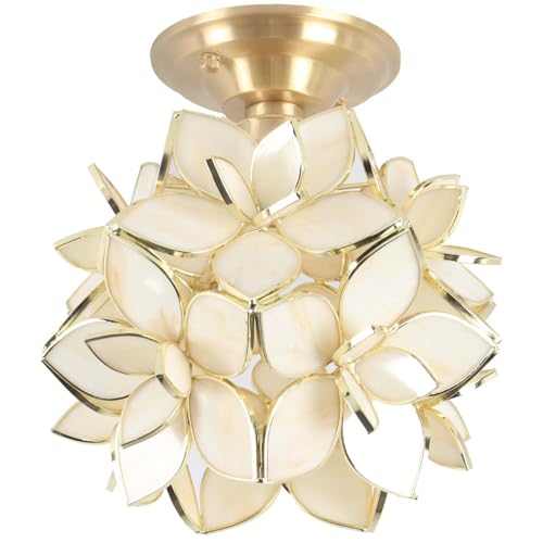 Bieye L11031 Flower Petals Tiffany Style Stained Glass Close to Ceiling Light for Home Decor (Cream White, 8" Rose Lily) - color: Cream White, size: 8" Rose Lily