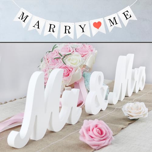 Mr and Mrs Signs Wedding Table Decorations, Wooden Freestanding Letters for Photo Props, Rustic Wedding Decoration, Anniversary Wedding Shower Gift (White + Marry me banner) - color: White with Marry me banner