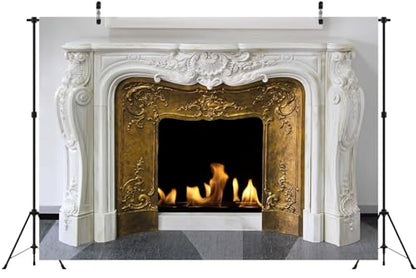 5x3ft White Marble Fireplace Backdrop Interior European Style Stone Fireplace Photo Backdrop Winter Christmas Fireplace Photography Background Home Decor Photo Booth - size: 5x3FT