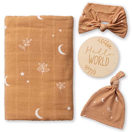 Miaoberry 100% Organic Cotton Baby Muslin Swaddle Blanket Set| Burnt Orange Boho Moon| Gender Neutral for Boys Girls|Moon Leaf| Hospital Newborn Receiving Blanket |Newborn Unisex - color: Moon Orange