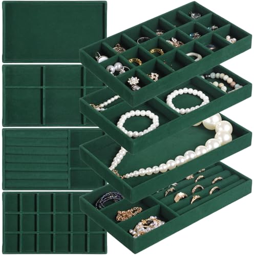 Homaisson Jewelry Organizer for Drawer, Velvet Jewelry Tray, Multiple Compartment Layout, Set of 4 Jewelry Organizer for Rings, Earrings, Bracelets, Necklaces (Green) - color: Green