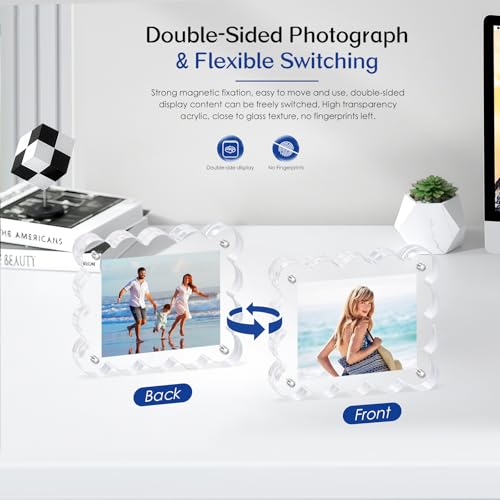 2Pack Magnetic Acrylic Picture Frames 2×3 Inch - Scalloped Glass Frame with 10+10mm Thick Block, Double Sided Clear Frames for Desktop Display | Trendy Home Gift (2 Pack, 2×3) - color: 2 Pack, size: 2×3