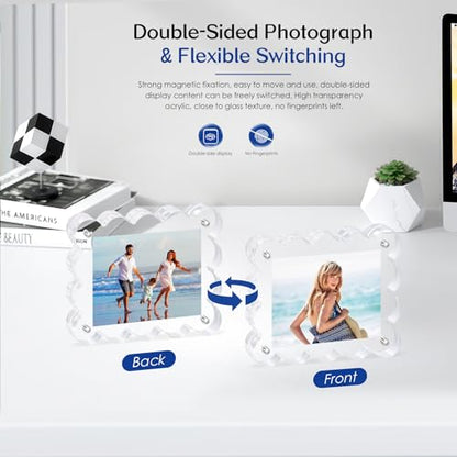 2Pack Magnetic Acrylic Picture Frames 2×3 Inch - Scalloped Glass Frame with 10+10mm Thick Block, Double Sided Clear Frames for Desktop Display | Trendy Home Gift (2 Pack, 2×3) - color: 2 Pack, size: 2×3