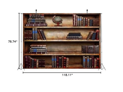 BELECO 10x6.5ft Fabric Old Bookshelf Backdrop Brown Wooden Bookcase Hardcover Books Globe Background Students Teachers Graduates Artistic Portrait Shooting Online Teaching Background Video Studio Prop - size: 10x6.5FT