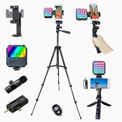 Vlogging Kit for iPhone Andriod Phone, Content Creator Essentials,YouTube Begginer Kit with RotatableHolder/Lavalier Microphone/RGB Light/Remote/Extendable Tripod (60IN Tripod) - size: 60IN Extendable Tripod