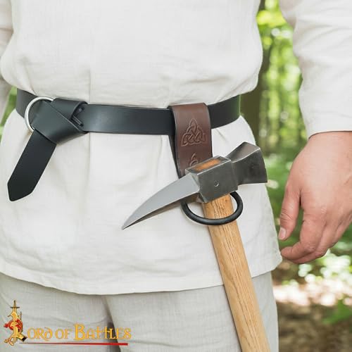 Lord of Battles Medieval Genuine Leather Axe Frog | Axe Holster with Belt Loop | Waist Holder for Axes, Tools - color: Celtic Design :- Brown