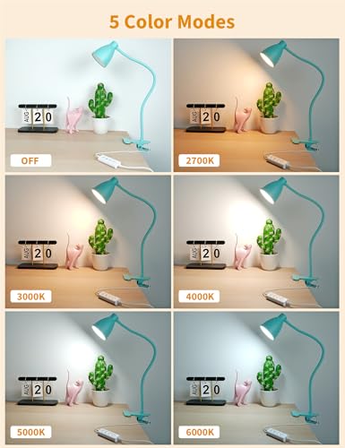 BOHON Desk Lamp with Clamp, 10W 38 LED Clip on Light, 5 Color 10 Brightness Auto Off Timer, Flexible Gooseneck Clip Lamp, Desk Lights for Office Home Bed Bedside Reading, Adapter Include, Teal - color: Teal
