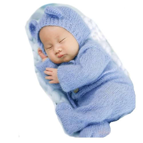 2Pcs Newborn Photography Props Boy Photo Posing Outfits Baby Photoshoots Girl Crochet Bear Hat Romper - color: Blue