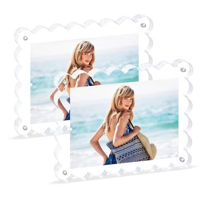 2Pack Acrylic Magnetic Photo Frame 5x7 Inch - Sleek Scalloped Design, 10+10mm Thick Crystal Clear Block, Freestanding Double-Sided Magnet |Trendy Home Gift (2 Pack, 5X7) - color: 2 Pack, size: 5x7
