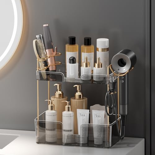 shuang qing 2 Tier Bathroom Counter Organizer with Hair Dryer Holder, Hair Tool Countertop Storage, Cosmetics Skincare Shelf, Makeup Organizer Perfume for Dresser Vanity Tray - Grey - color: Suya Grey, size: New-2 Tier