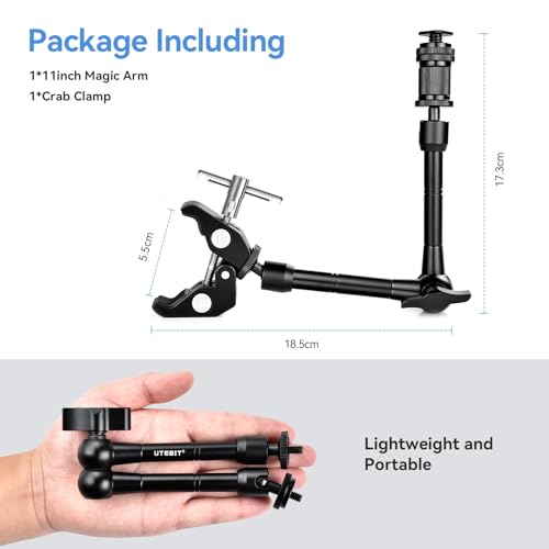 UTEBIT 11" Adjustable Magic Arm with Super Clamp, 360 Ball Heads with ARRI 1/4" & 3/8" Thread Screw for Flash/LED Light/Microphone/Monitor, Compatible with SmallRig Camera Cage, Max Load: 4.4lb/2kg - size: 11inch