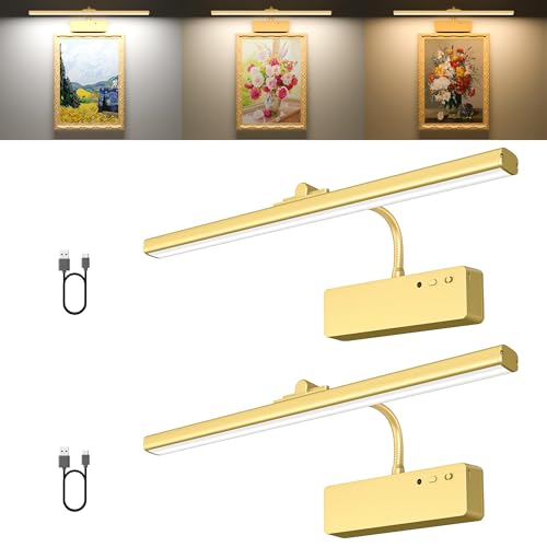 Racokky Picture Light, 15.35inch Picture Lights for Wall Rechargeable, Battery Wall Light Over Picture Frame, 3 Color Art Lighting for Paintings with Timer and Dimmable Artwork Display (Gold-2PCS) - color: Gold, size: 15.35inch-2pack