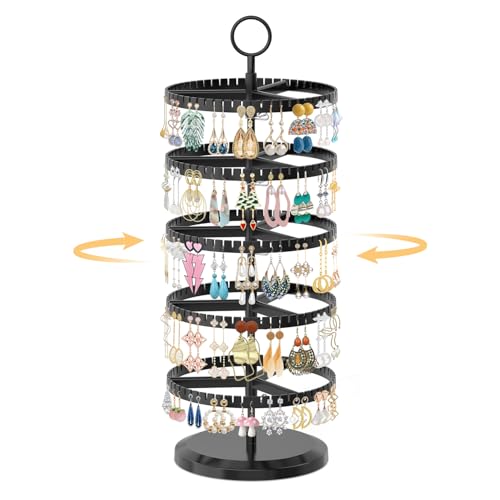 EsLuker.ly Earring Holder Organizer Rotating Stud Display Tree Rack with 285 U-Slots for Women Girls, Large Adjustable 5 Tier Plastic Storage Stand with Metal Tray for Pierced Hoop Post Earring, Black - color: Glossy Black