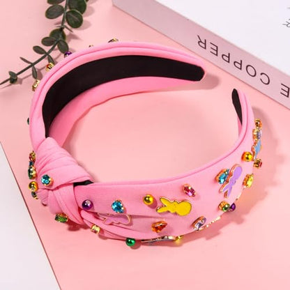NVENF Easter Headband for Women Beaded Easter Rabbit Bunny Headband White Pink Crystal Pearl Knotted Headbands Happy Easter Hair Accessories Spring Holiday Headwear Outfits Gifts (Bunny C - Pink) - color: Bunny C - Pink