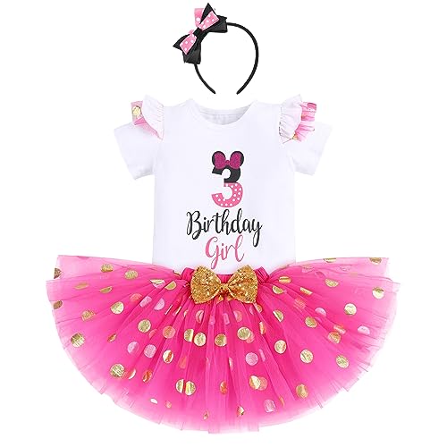 IBTOM CASTLE Cake Smash Half 1st 2nd 3rd Birthday Girl Princess Polka Dots Ruffle Skirt Set ONE Party Costume Headband - color: Hot Pink-3rd, size: 3T
