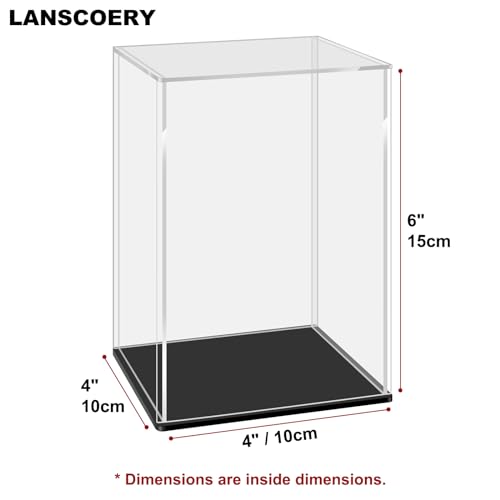 LANSCOERY Acrylic Display Case, 4x4x6 in, Upgraded Thickened UV-Resistant Showcase, 98% Clarity Dustproof Box with Glossy Black Base for Action Figures, LEGO & Models, Includes Scraper & LED Light - color: Black, size: 4x4x6inch; 10x10x15cm