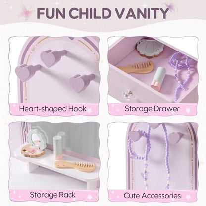 ROBUD Kids Vanity Table and Chair Set, Girls Vanity Set with Mirror, Pretend Play Kids Vanity, Makeup Dressing Table with Drawer and Accessories, Age 3+ (Purple) - color: Purple