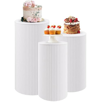 Metal Pleated Cylinder Pedestal Stands for Party, 3 Pieces Heavy Duty Round Cake Pedestal Stand Display Plinth Pillars Art Decor for Wedding Ceremony Birthday Party（Medium, White） - size: Xl:29.72"x14.17", L:23.82"x12.6", M:21.85"x11.02"