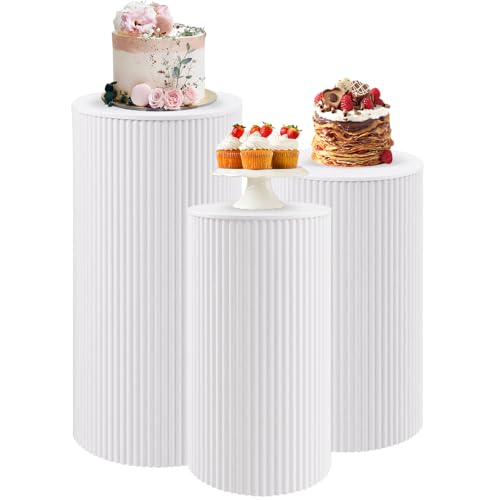 Metal Pleated Cylinder Pedestal Stands for Party, 3 Pieces Heavy Duty Round Cake Pedestal Stand Display Plinth Pillars Art Decor for Wedding Ceremony Birthday Party（Medium, White） - size: Xl:29.72"x14.17", L:23.82"x12.6", M:21.85"x11.02"