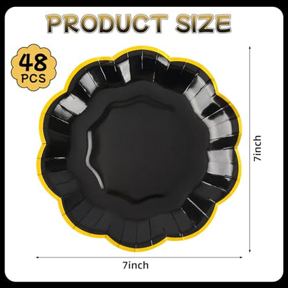AimFun 48 Pcs Graduation Black and Gold Scalloped Paper Plates 7 Inch Disposable Dessert Plates with Gold Foil Elegant Cake Plate for Wedding Birthday Baby Shower Party Supplies - color: Black