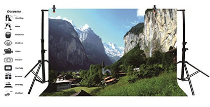 Leyiyi 8x6ft Photography Background Switzerland Alps Backdrop Lauterbrunnen Valley North European Travel Countryside Building Forest Photo Portrait Vinyl Video Studio Prop - size: 8x6ft