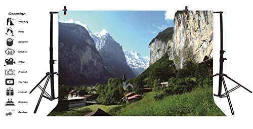 Leyiyi 5x3ft Photography Background Switzerland Alps Backdrop Lauterbrunnen Valley North European Travel Countryside Building Forest Photo Portrait Vinyl Video Studio Prop - size: 5x3ft