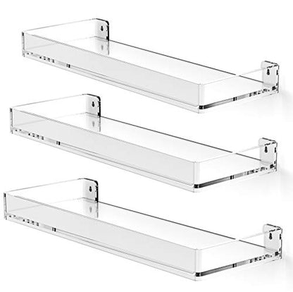MaxGear Acrylic Clear Floating Shelves with Edge, Wall Mounted Hanging Bookshelves, Decorative Display Wall Shelves Storage Organizer for Bathroom, Bedroom, Kitchen, Easy Installation, Set of 3