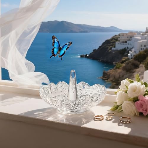H&D HYALINE & DORA Clear Crystal Ring Holder with Butterfly Pattern, Engagement Glass Ring Dish Jewelry Holder for Rings Earrings Necklace Organizer - color: Clear，Butterfly