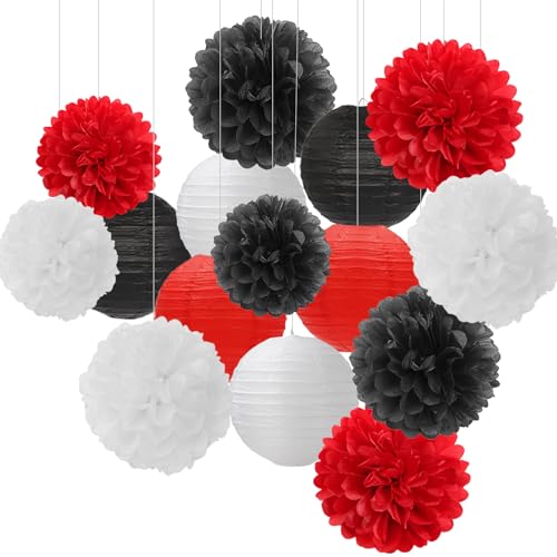 Red-Black White Party-Decorations Paper Flowers Lanterns - 15PCS Halloween Birthday Tissue Pom Poms Streamers,Wedding Baby Bridal Shower Hanging Supplies Decor Hugfond - color: Black and White Red