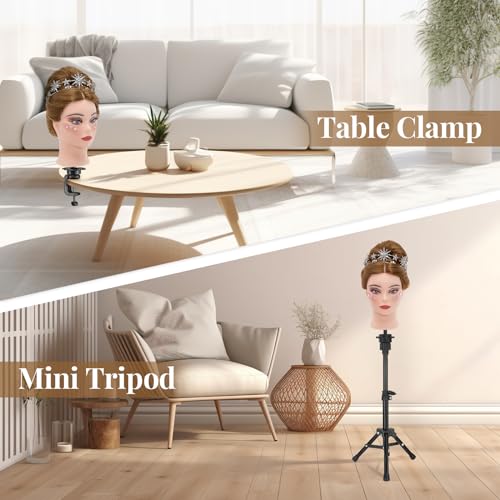 Mannequin Head 80% Human Hair with Tripod Stand,28 Inch Make up Cosmetology Manikin Practice Doll Head,Braiding Hairdressing Head with Table Clamp + DIY Hair Styling Set - color: Blonde#27
