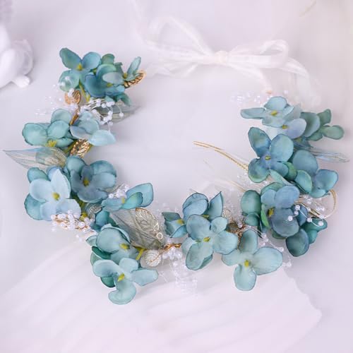 Adjustable Flower Crown Headband for Women - Floral Garland Hair Wreath with Crystal Accents Perfect for Weddings Flower Wands Photo Props (Dark Green Flower, Adjustable) - color: Dark Green Flower