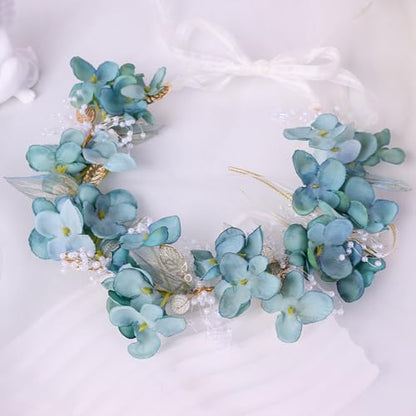 Adjustable Flower Crown Headband for Women - Floral Garland Hair Wreath with Crystal Accents Perfect for Weddings Flower Wands Photo Props (Dark Green Flower, Adjustable) - color: Dark Green Flower