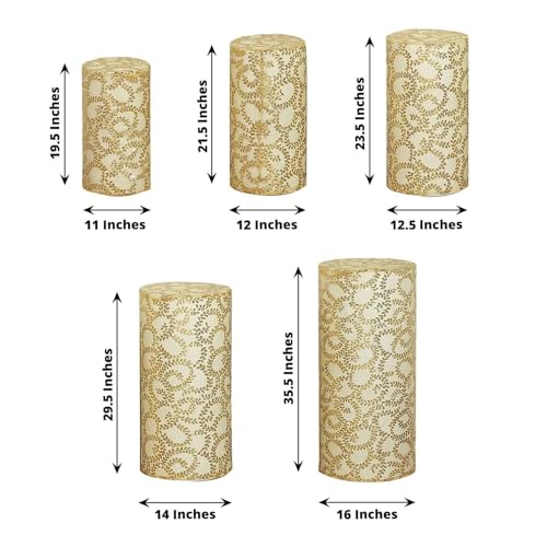 Efavormart Set of 5 Gold Sequin Mesh Cylinder Display Box Stand Covers with Leaf Vine Embroidery, Sparkly Sheer Tulle Pedestal Pillar Prop Covers - color: Gold, size: Sequin Mesh Cylinder Covers - Leaf Pattern