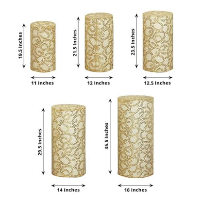 Efavormart Set of 5 Gold Sequin Mesh Cylinder Display Box Stand Covers with Leaf Vine Embroidery, Sparkly Sheer Tulle Pedestal Pillar Prop Covers - color: Gold, size: Sequin Mesh Cylinder Covers - Leaf Pattern