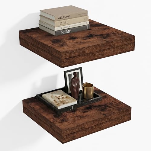 Heimlove 12 Inch Deep Floating Shelves, 12 x 12 inches Long Wall Shelf, Large Extra Display Shelf & Storage Shelf, Rustic Wood Wall Shelves for Fireplace Mantel, Brown - 2Pack - color: Rustic Brown, size: 12"W x 12"D x 2"H, Set of 2