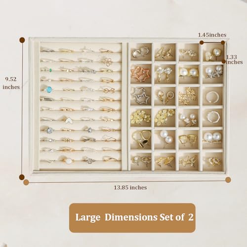 Large Velvet Jewelry Tray 2 Pack Stackable Jewelry Display Drawer Inserts Trays Organizer for Earring Bracelet Necklace Ring (Beige, Ring and 24 Grids) - color: Beige, size: Ring and 24 Grids