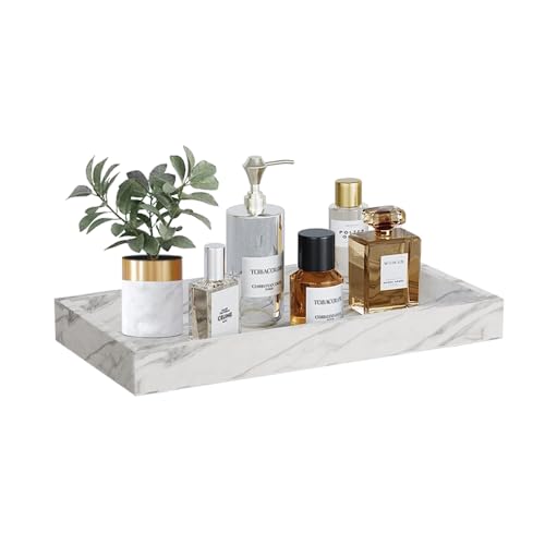 Coret Bathroom Kitchen Countertop Organizer Tray, Elegant Vanity Cosmetic Counter Tray,Waterproof Bamboo Holder Tray for Jewelry Perfume Candle Small Plant Home Decor, Marble White (13.5X 5.7in)